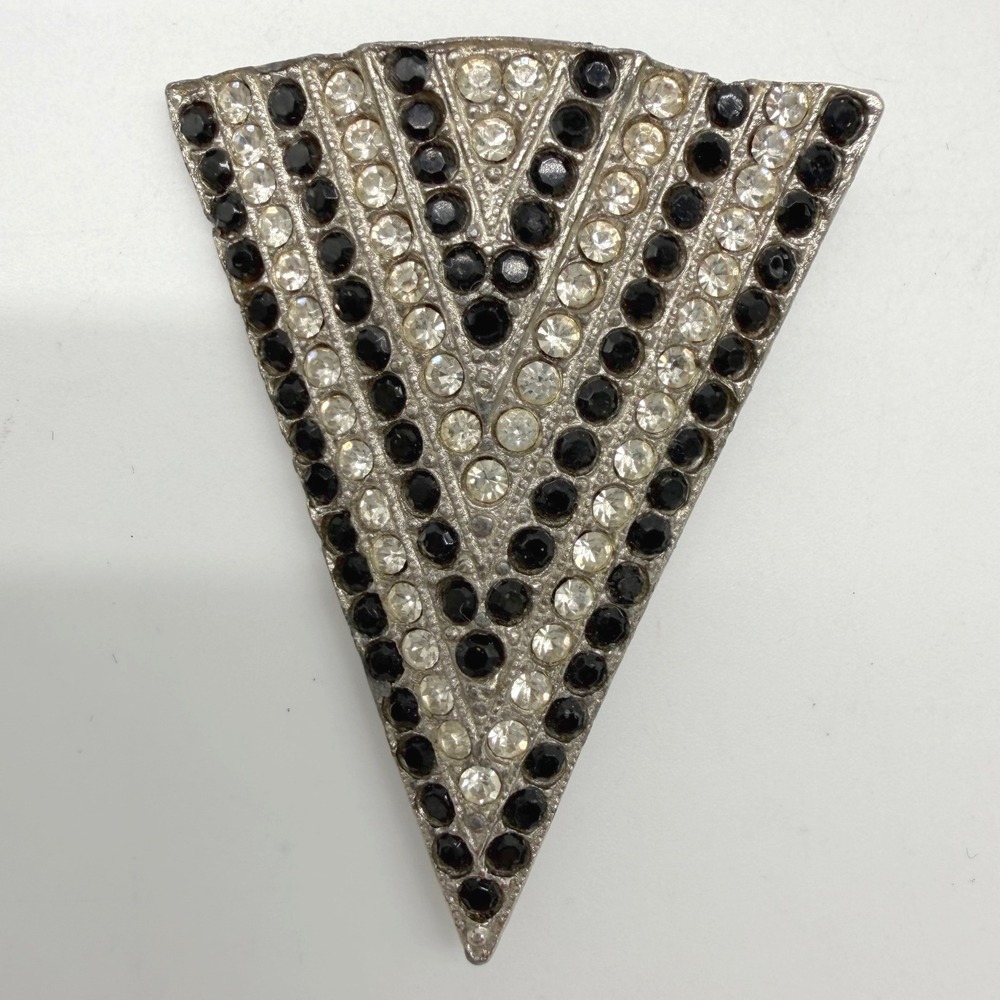 Vintage Signed TARA Black Clear Rhinestone Triangle Brooch